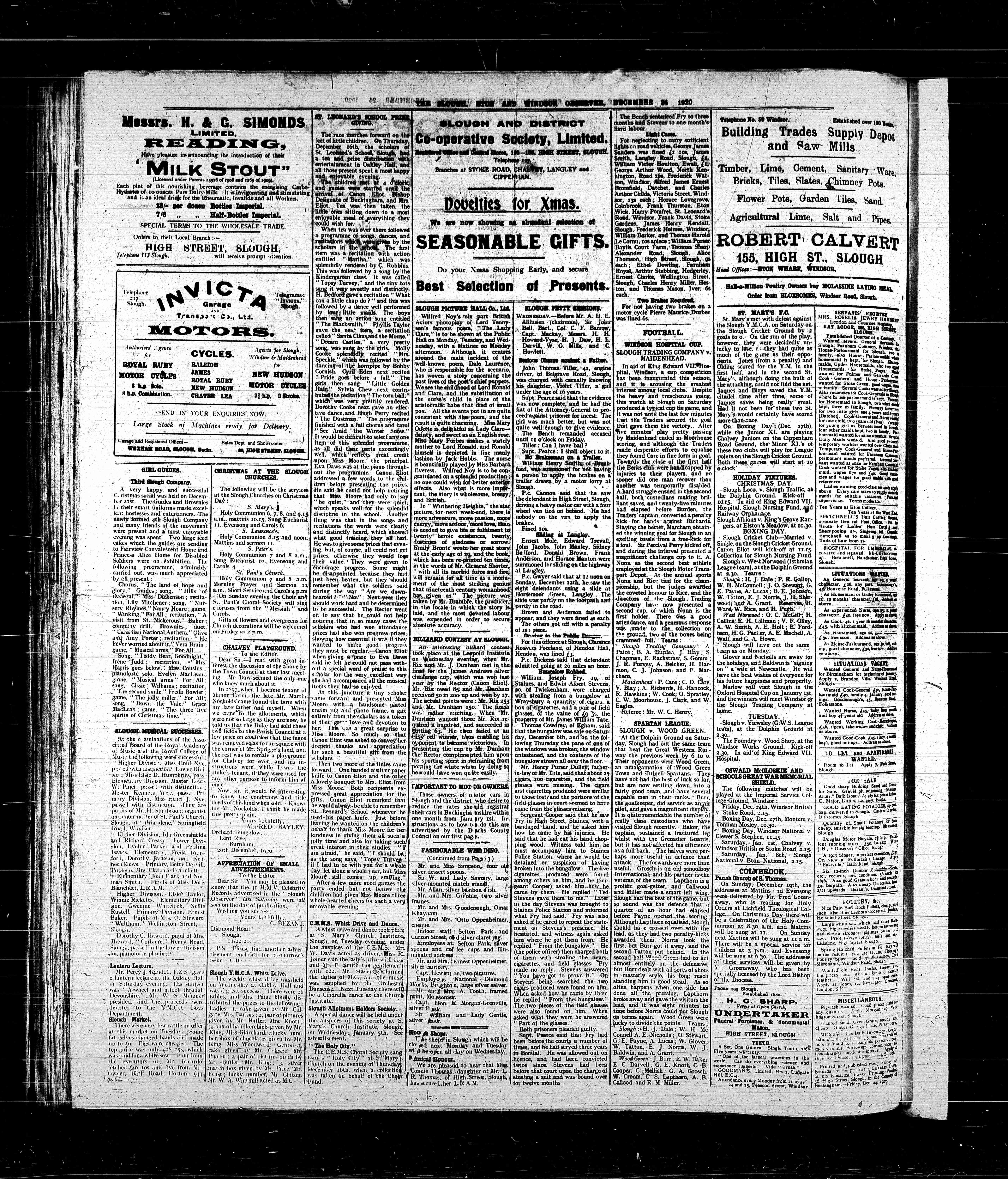 Slough, Eton & Windsor Observer, 25/12/1920, page 4.